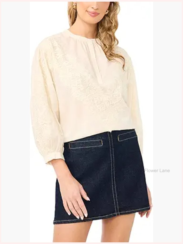 Lace Half Placket Blouse - Cotton, Long Sleeve, Button Front, Crew Neck